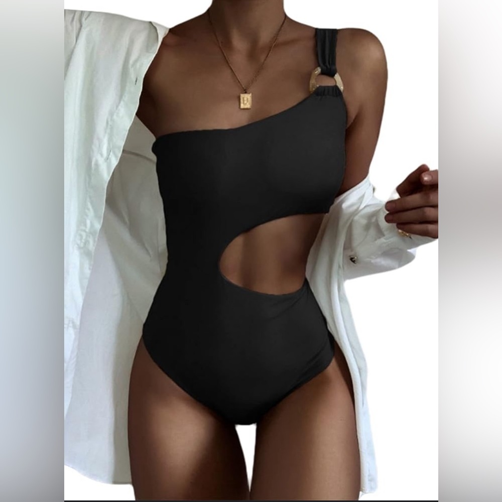 Black one shoulder 1 piece  bathing suit